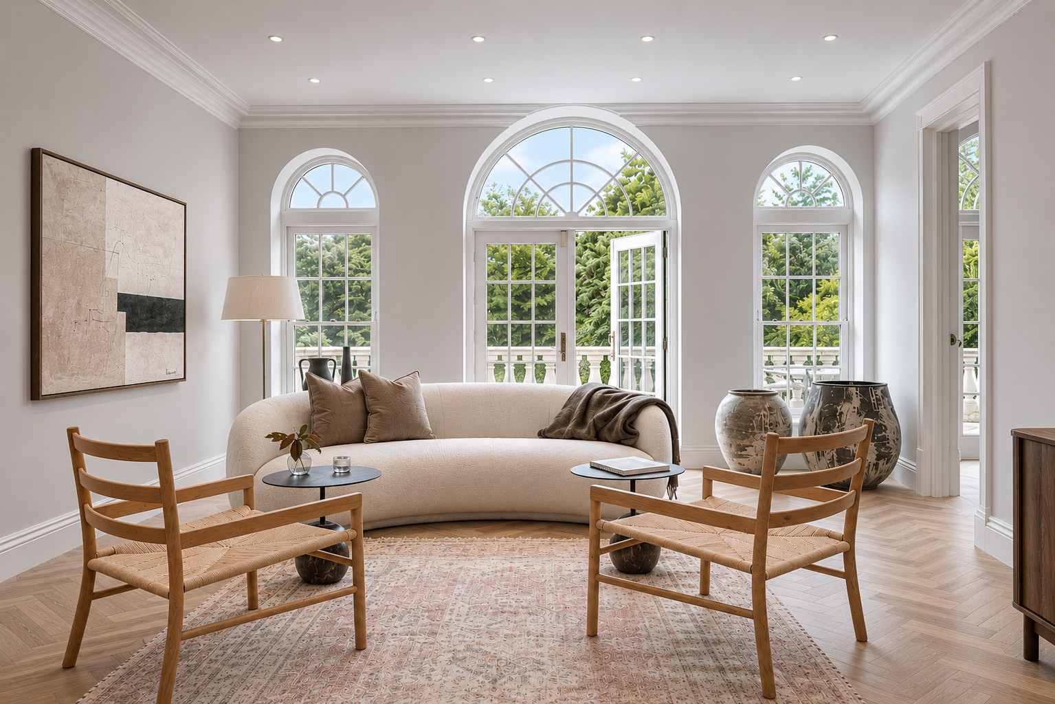 Curved cream sofa in a light-filled drawing room with arched windows