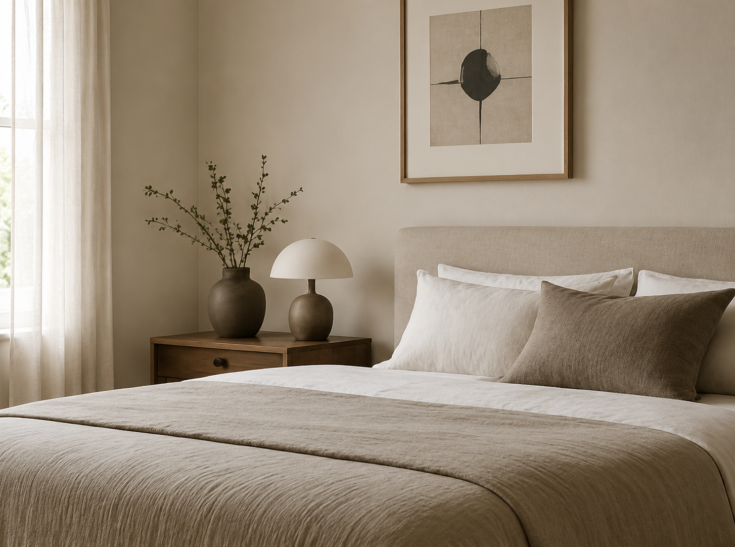 Warm cream bedroom with linen bedding and ceramic table lamp