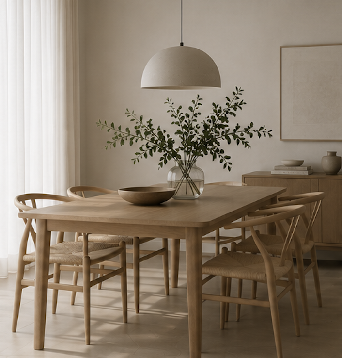 Light oak dining table with wishbone chairs and pendant lamp