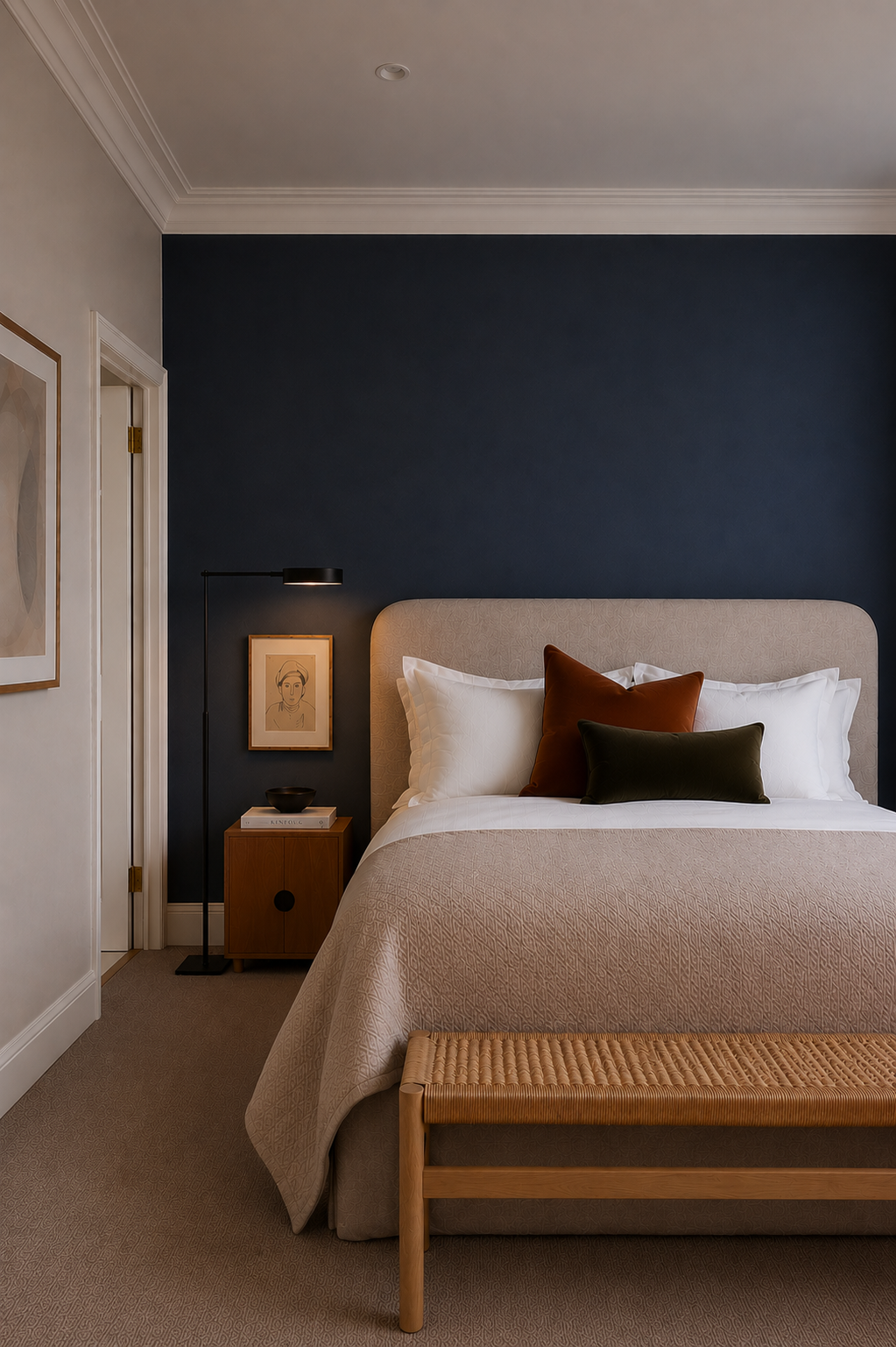 Staged bedroom with deep navy accent wall