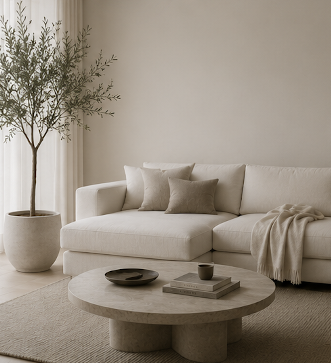 Cream sofa beside potted olive tree and round travertine coffee table