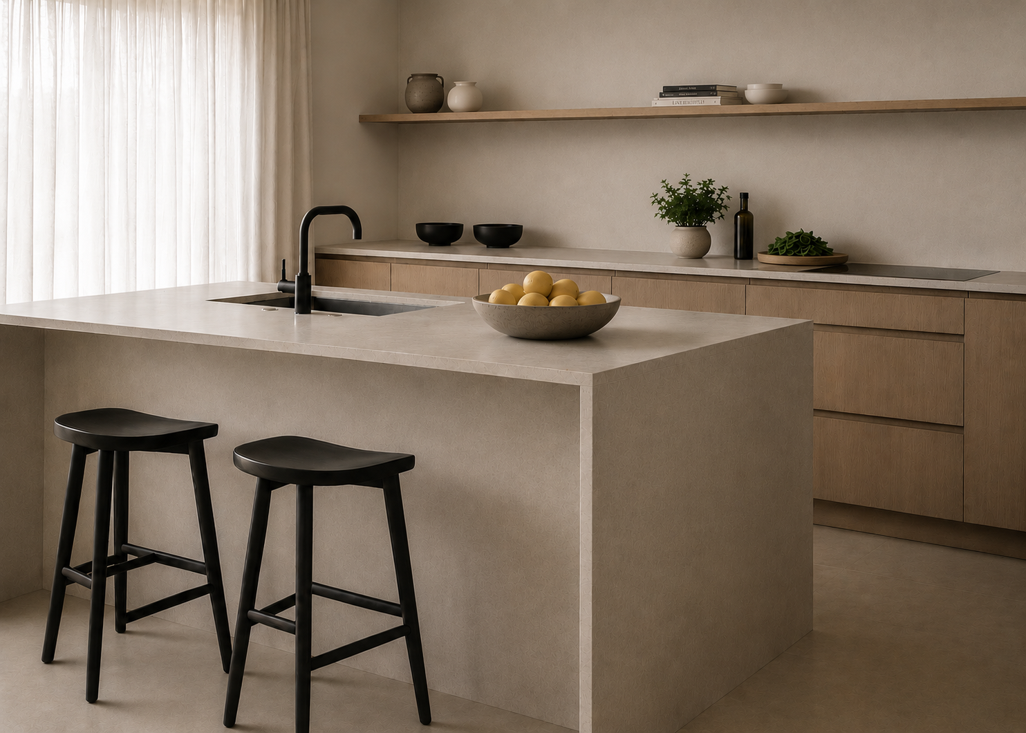 Stone-clad kitchen island with black bar stools