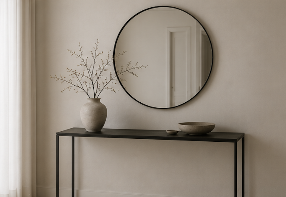 Round black mirror above a slim console with vase and bowl