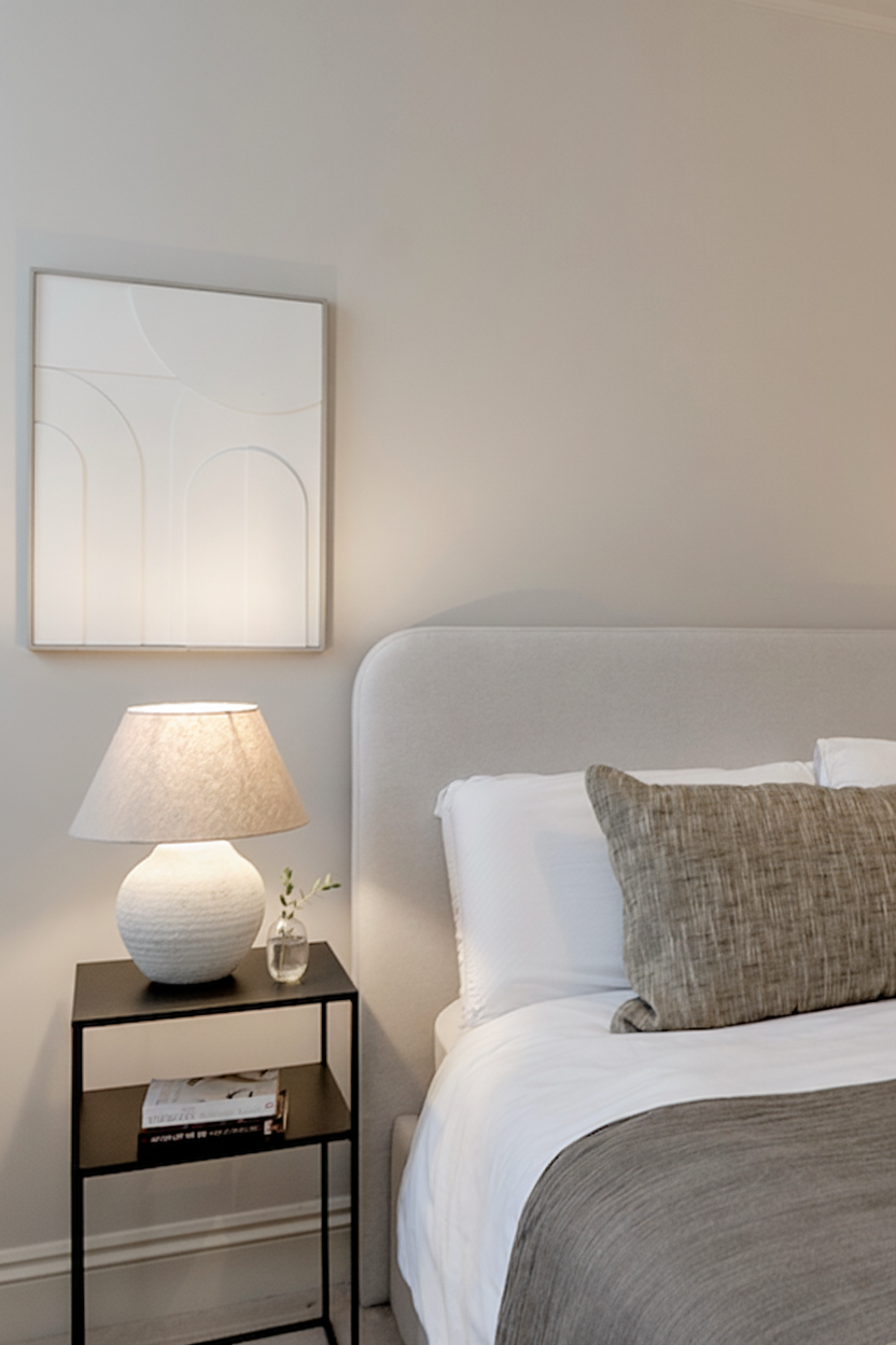 Light bedroom with soft grey headboard and table lamp
