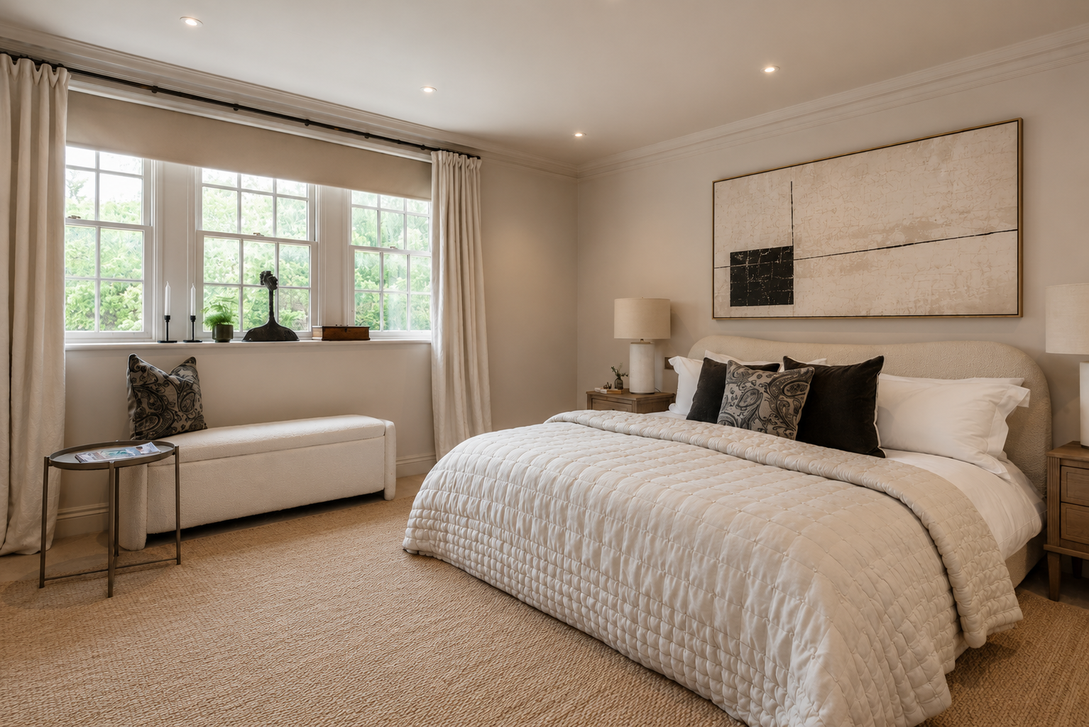 Calm cream bedroom with bay window and abstract artwork