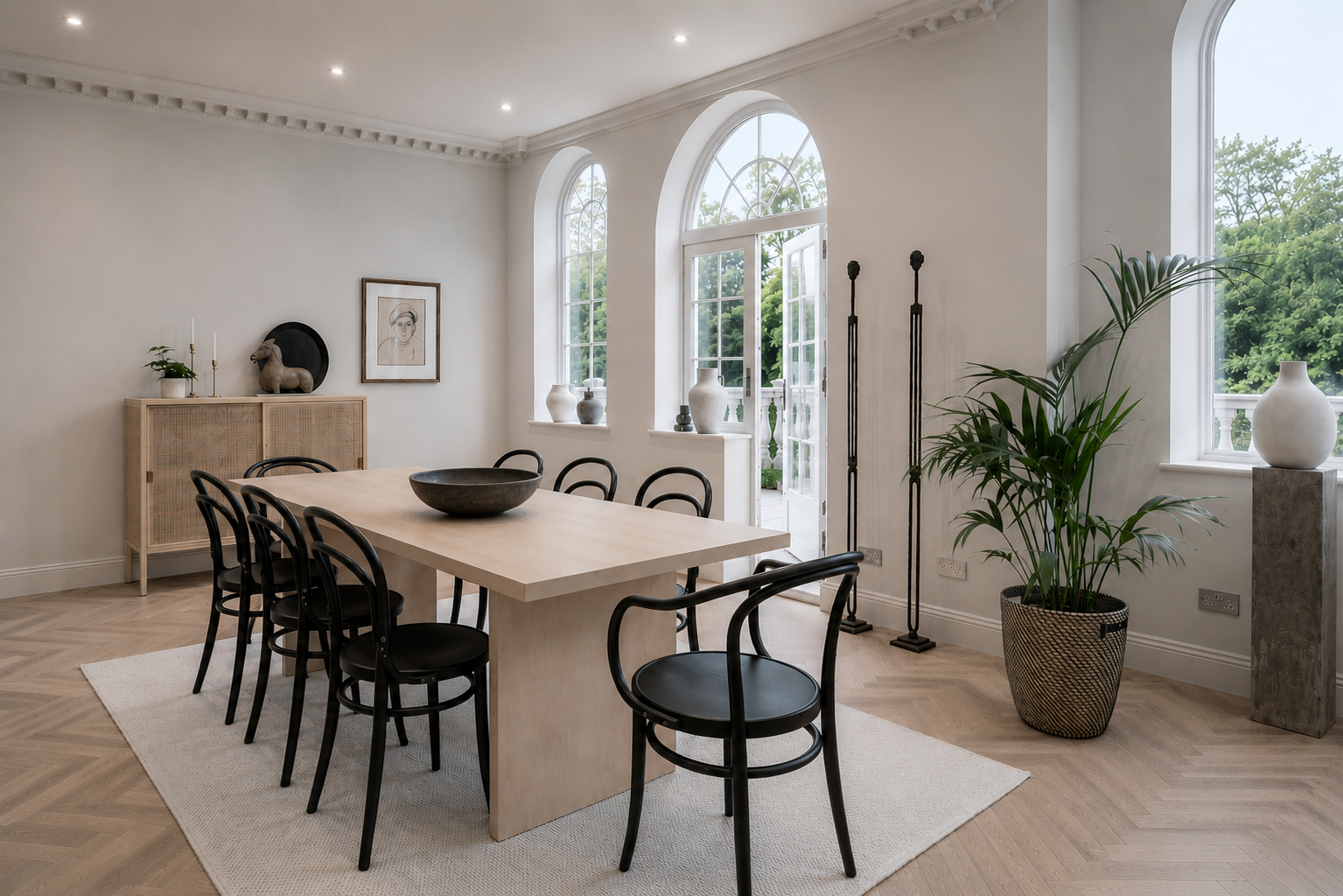 Pale oak dining table surrounded by black bentwood chairs