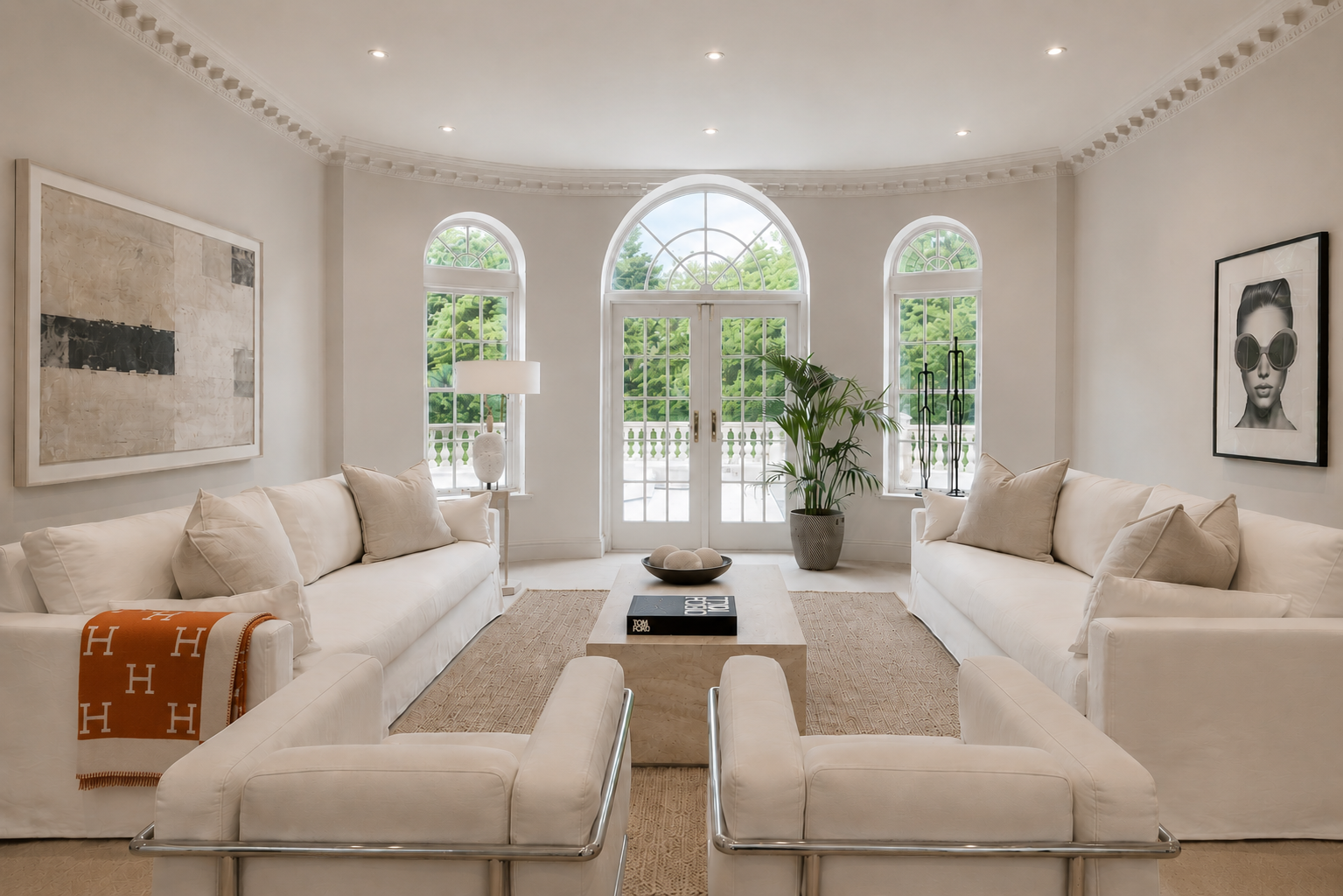 Symmetrical white sitting room with twin sofas and large windows