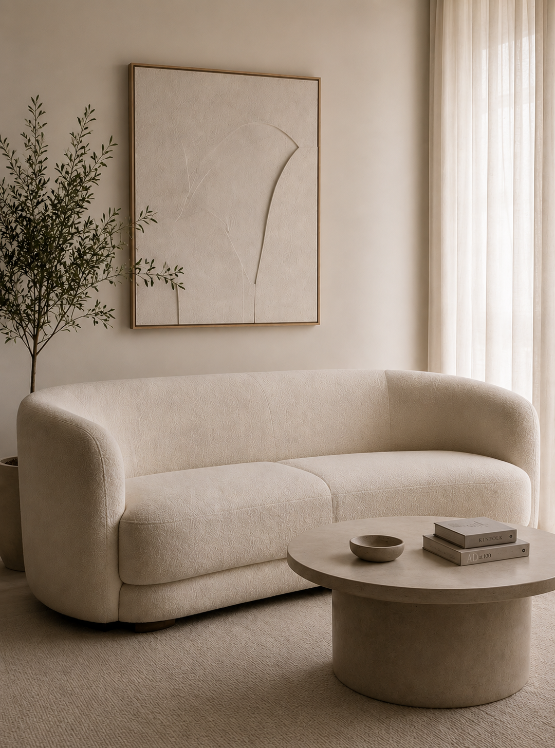 Minimal cream boucle sofa with framed artwork and olive branch