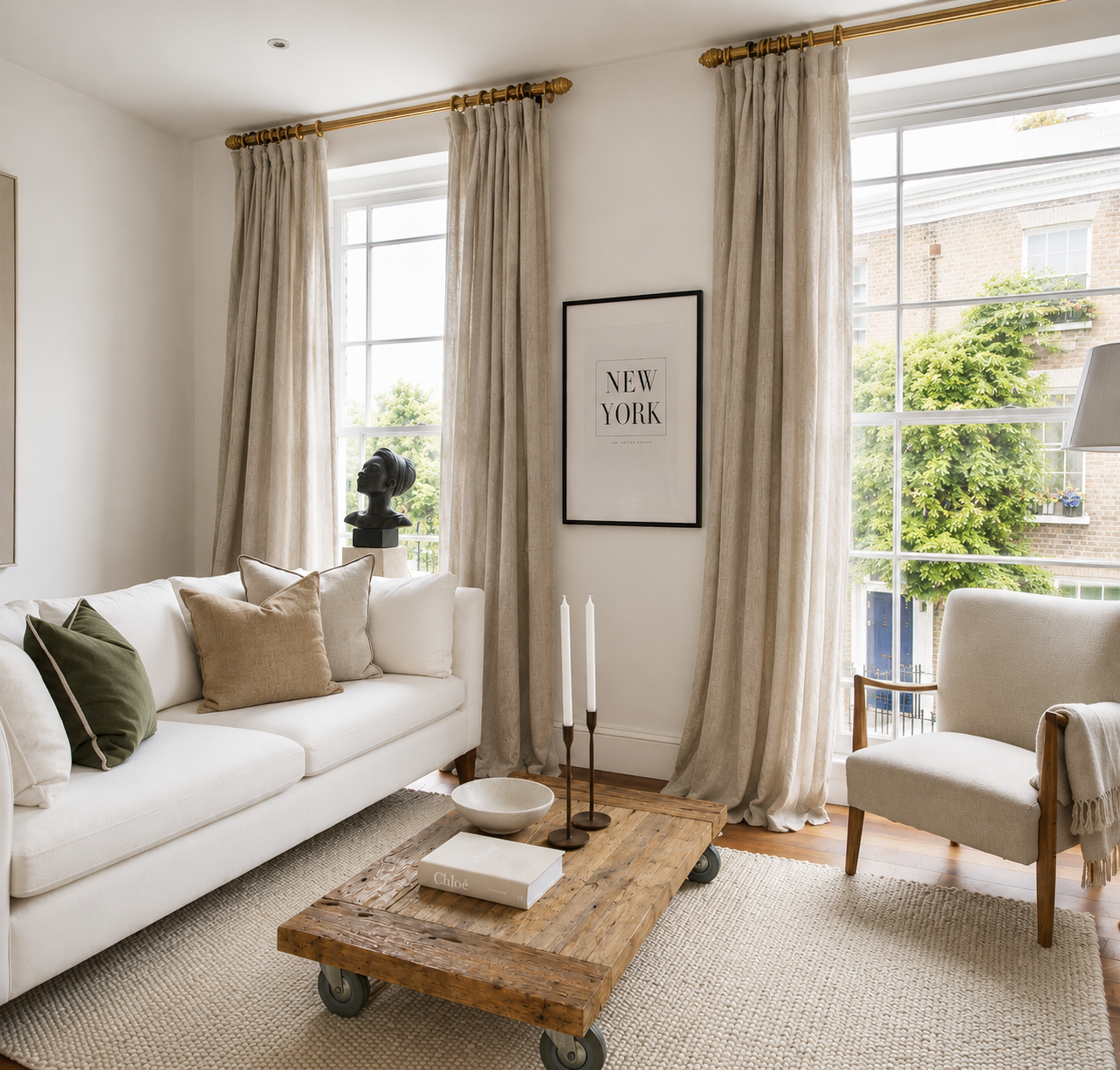 Linen sofa with green cushion, New York print and reclaimed wood coffee table
