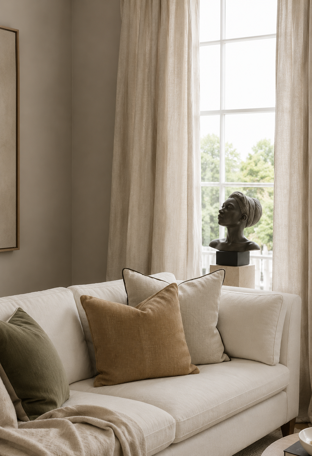 Linen sofa styled with rust orange cushion and black bust sculpture